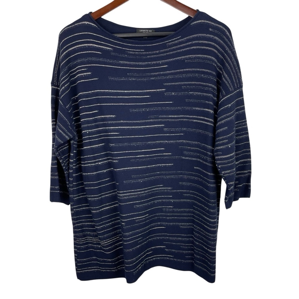 Lafayette 148 | Navy Silver Metallic Stripe Boatneck Sweater